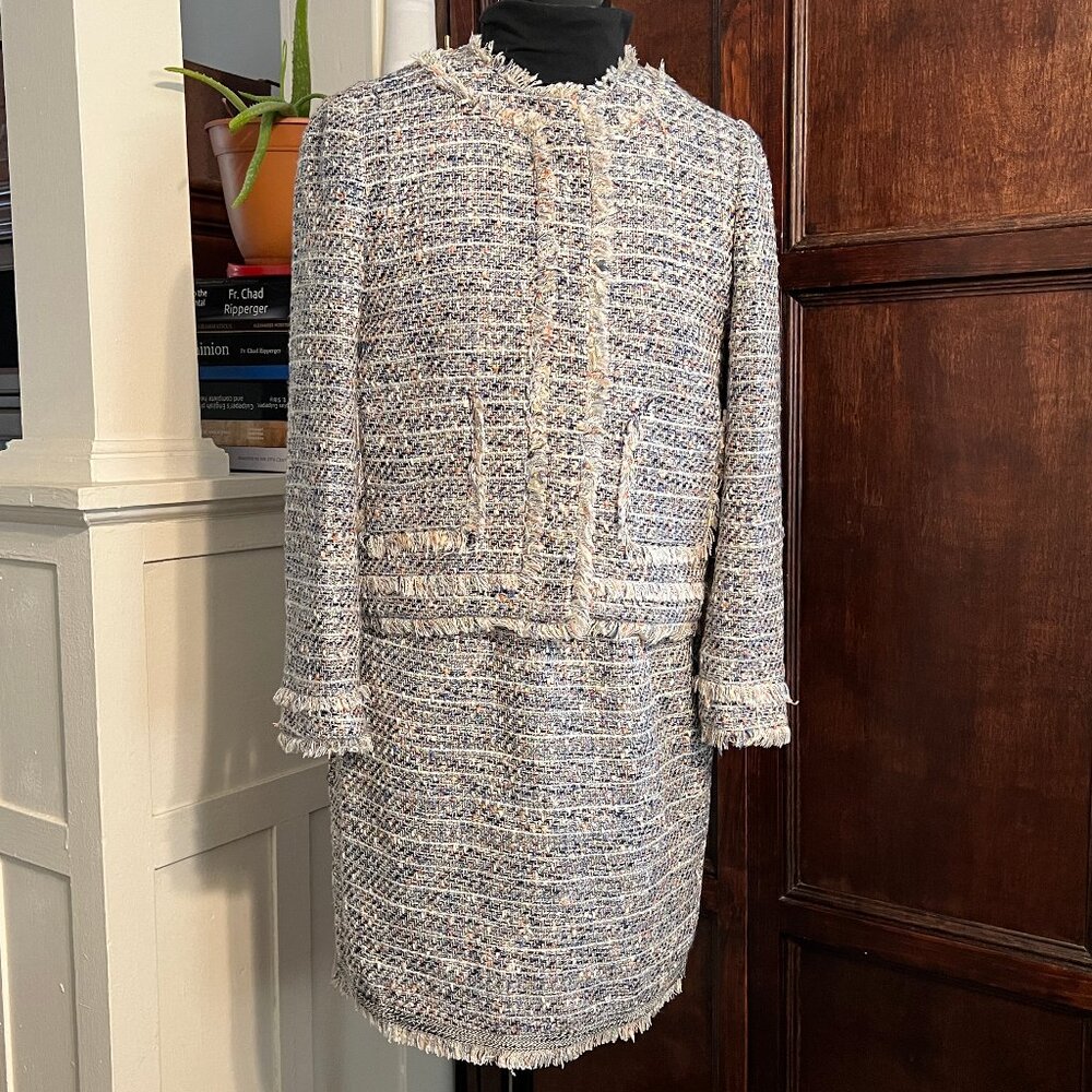 J. Crew Multicolor Bouclé Two-Piece Skirt Suit - Cream, Blue, Pink